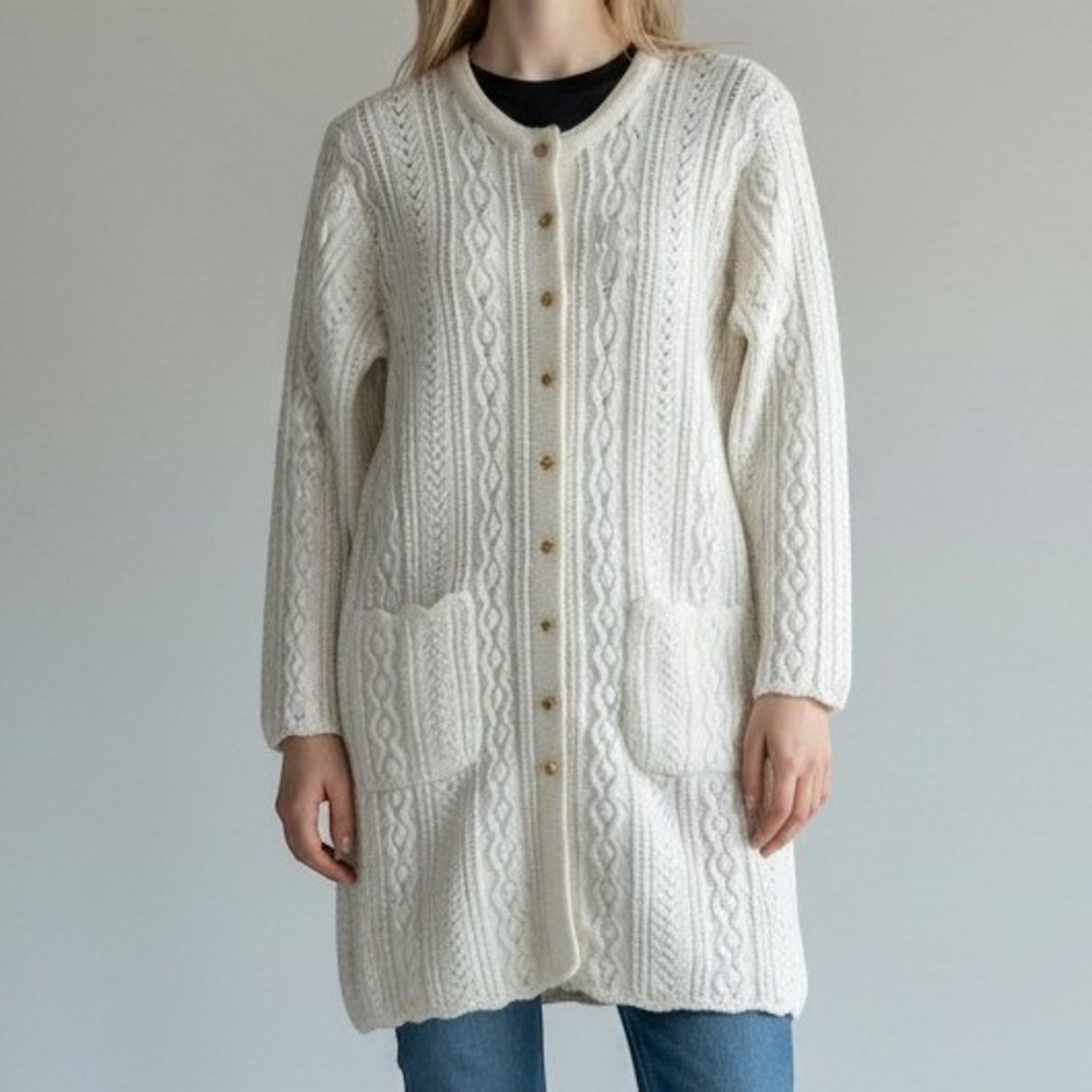 Vintage Longline Cardigan Sweater S Cream Cable Knit Pointelle Scalloped Trim